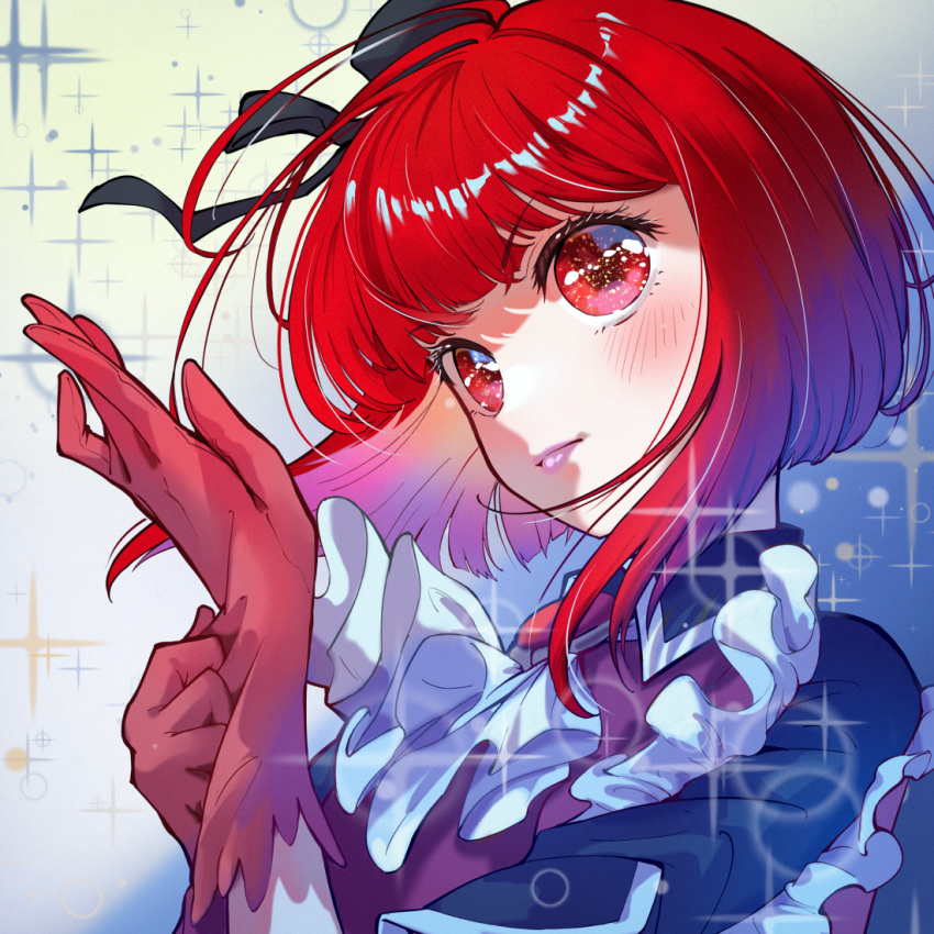 1girl arakan arima_kana blush commentary_request dress gloves hat idol idol_clothes looking_up oshi_no_ko red_dress red_eyes red_gloves redhead ribbon short_hair solo