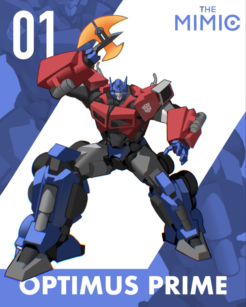 autobot axe blue_eyes character_name english_commentary highres holding holding_axe kamitoge_supino looking_at_viewer mecha open_hand optimus_prime redesign robot solo transformers wheel zoom_layer