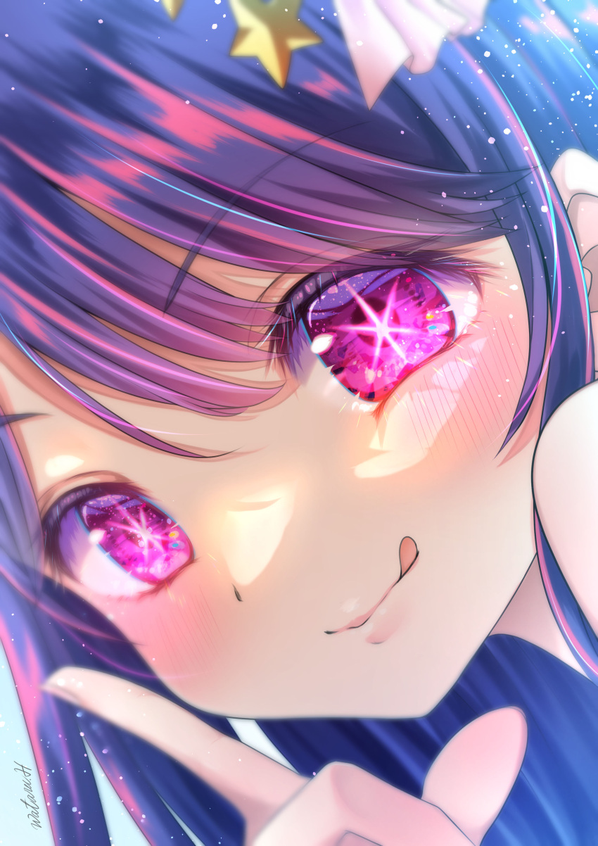 1girl :q absurdres artist_name blush close-up closed_mouth commentary_request dutch_angle english_commentary eye_focus eyelashes hair_ornament highres hoshikage_wataru hoshino_ai_(oshi_no_ko) index_finger_raised light_particles long_hair looking_at_viewer mixed-language_commentary oshi_no_ko portrait purple_hair solo star-shaped_pupils star_(symbol) star_hair_ornament symbol-shaped_pupils tongue tongue_out violet_eyes