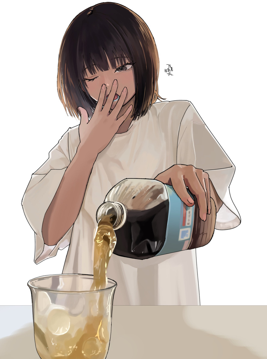 1girl absurdres blunt_bangs bottle brown_eyes brown_hair cup highres holding holding_bottle mmmo3 nail_polish one_eye_closed open_mouth original oversized_clothes oversized_shirt pink_nails pouring shirt short_hair simple_background solo tea upper_body white_background white_shirt yawning