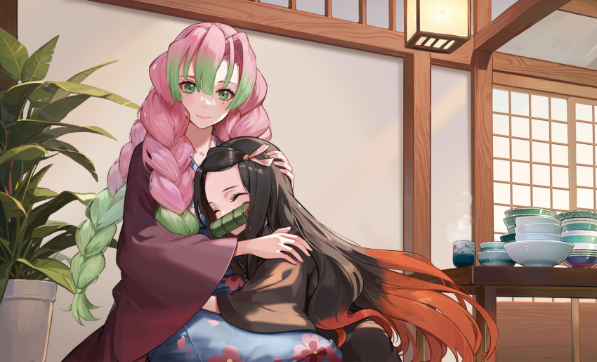 2girls bamboo bit_gag black_hair blue_kimono bowl brown_hair brown_kimono closed_eyes commentary cup floral_print forehead gag gradient_hair green_eyes hair_between_eyes hand_on_another's_head haori happy highres hug indoors japanese_clothes kamado_nezuko kanroji_mitsuri kimetsu_no_yaiba kimono long_hair looking_at_viewer mole mole_under_eye motherly multicolored_hair multiple_girls multiple_moles pacifier peach_luo pink_hair plant print_kimono revision seiza sitting sliding_doors smile symbol-only_commentary table teacup tri_braids wide_sleeves wooden_table