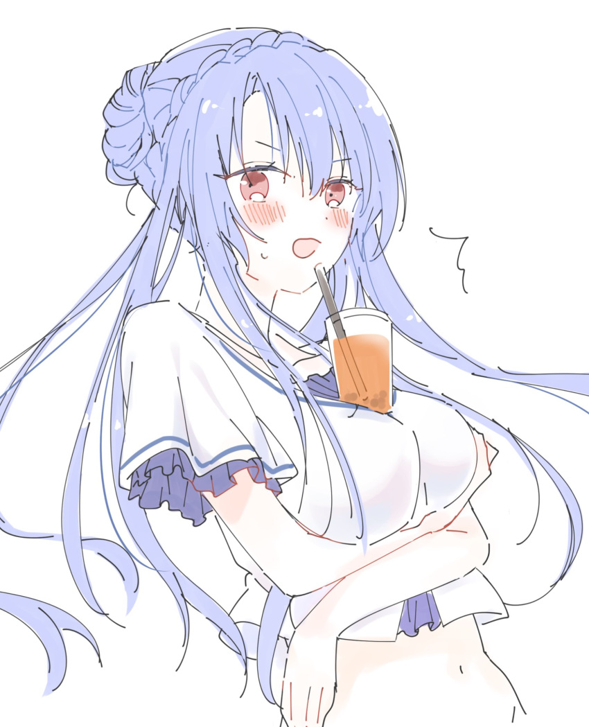 1girl ^^^ arm_under_breasts blue_hair blush braid braided_bun breast_hold breasts bubble_tea_challenge caught commentary cropped_shirt crossed_arms crown_braid drinking_straw floating_hair frilled_sleeves frills hair_between_eyes hair_bun highres large_breasts long_hair looking_at_viewer open_mouth red_eyes shirt short_sleeves simple_background sketch solo sorakado_ao summer_pockets surprised sweatdrop upper_body very_long_hair white_background white_shirt yutori_z71