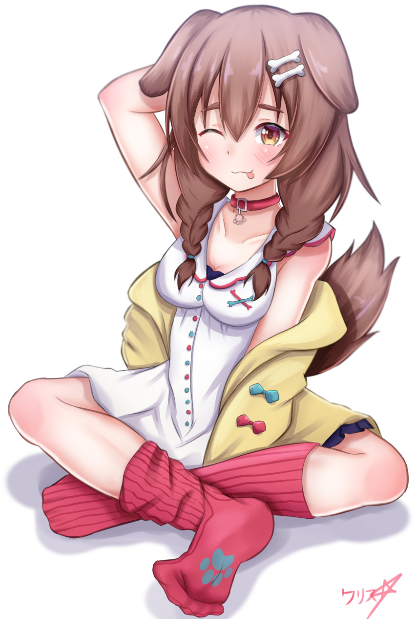1girl ;p absurdres animal_ears blush bone_hair_ornament boppin collar crossed_legs dog_ears dog_girl dog_tail hair_ornament highres hololive inugami_korone no_shoes one_eye_closed red_socks simple_background socks soles solo tail tongue tongue_out virtual_youtuber white_background