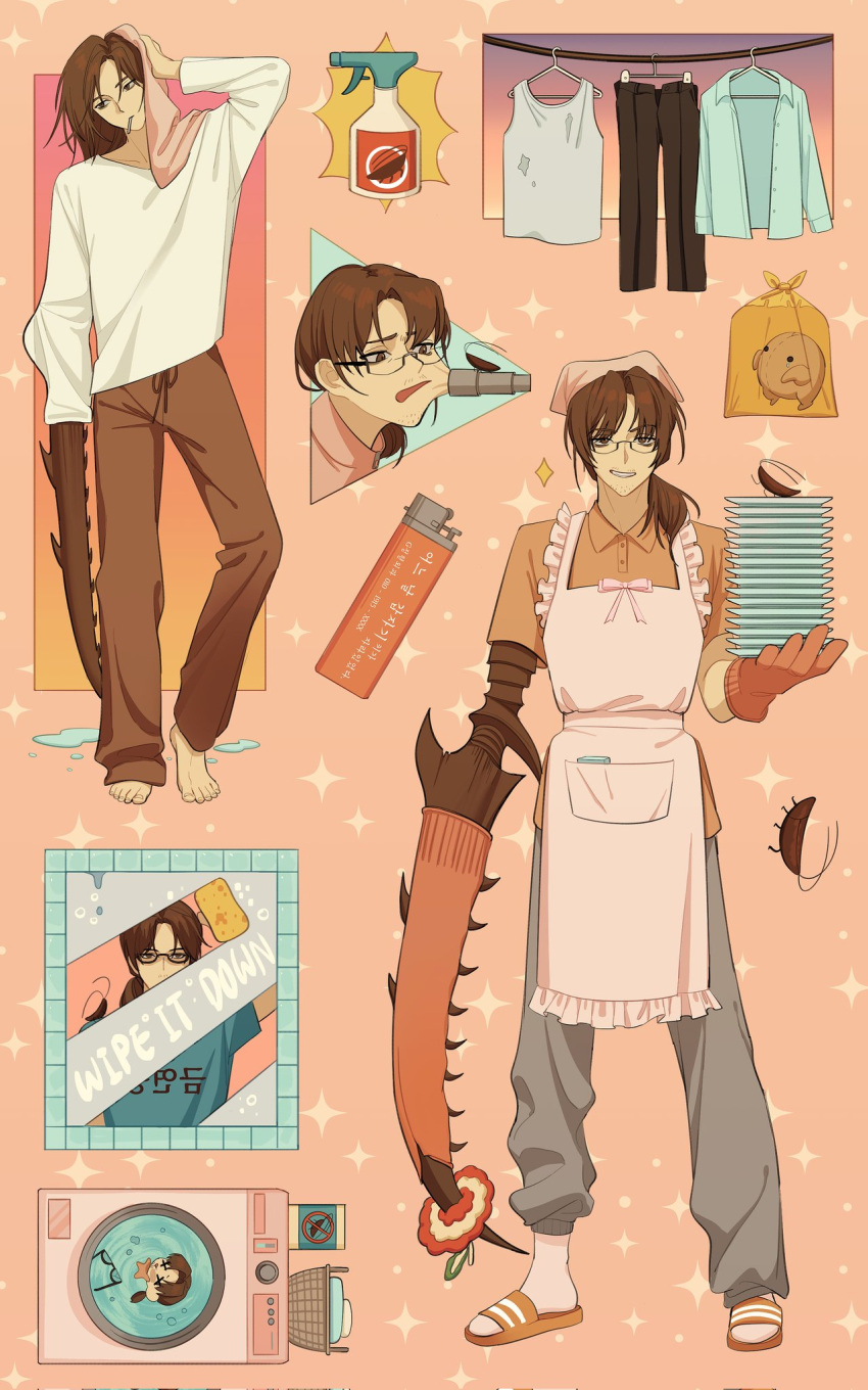 1boy apron bongy_(limbus_company) brown_eyes brown_hair bug bug_spray clothesline cockroach commentary frilled_apron frills gregor_(limbus_company) grey_pants highres korean_commentary limbus_company low_ponytail male_focus multiple_views orange_footwear pants pink_background plate project_moon sandals simple_background socks sparkle sponge standing szztzzs washing_machine white_socks