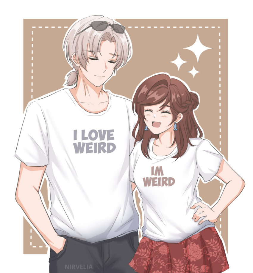 1boy 1girl black_pants border brown_background brown_hair closed_mouth earrings english_commentary eyewear_on_head hand_on_own_hip highres jewelry long_hair medium_hair mole mole_under_eye nirvelia open_mouth pants red_skirt rosa_(tears_of_themis) shirt short_ponytail short_sleeves skirt smile sunglasses tears_of_themis upper_body vyn_richter_(tears_of_themis) white_border white_hair white_shirt