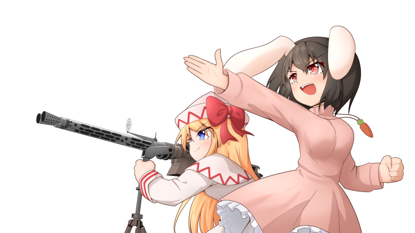2girls absurdres animal_ears blonde_hair blush bow breasts brown_hair capelet carrot_necklace clenched_hand closed_mouth commentary_request cowboy_shot dress fingernails floppy_ears frilled_dress frills gun hair_between_eyes hat hat_bow highres holding holding_gun holding_weapon inaba_tewi jewelry ju87r_(tvp1178) lily_white long_hair long_sleeves looking_afar machine_gun medium_bangs medium_breasts mg_81 multiple_girls necklace open_mouth pink_dress pink_eyes rabbit_ears rabbit_girl red_bow salute scope short_hair simple_background smile touhou transparent_background weapon white_capelet white_dress white_headwear