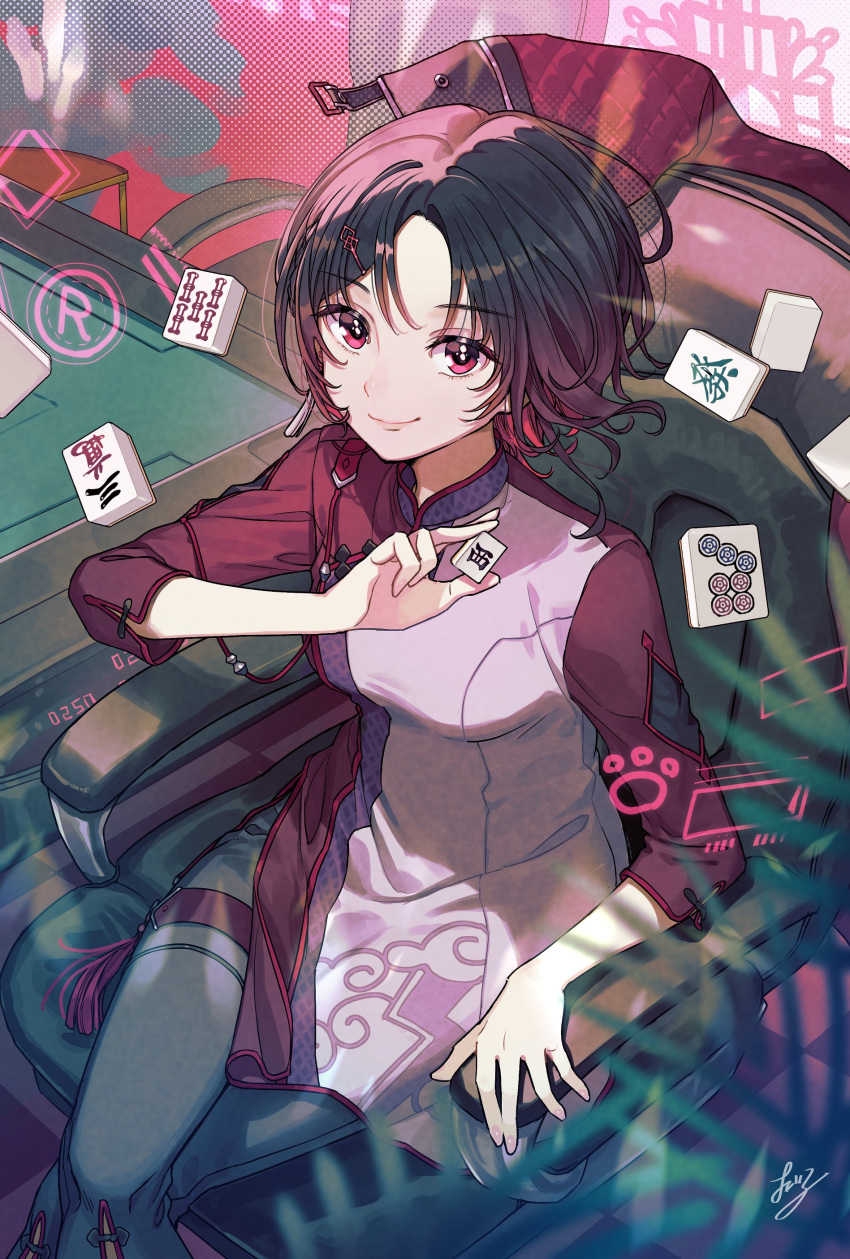 1girl absurdres black_hair breasts cherico china_dress chinese_clothes colored_inner_hair dress earrings gradient_hair grey_pantyhose hair_ornament hairclip highres holding holographic_interface iris_black_games jacket jacket_removed jewelry kisaragi_ren_(vtuber) looking_at_viewer mahjong mahjong_table mahjong_tile mandarin_collar medium_breasts multicolored_hair pantyhose paw_print pink_dress plant red_eyes red_jacket red_sleeves redhead signature single_earring sitting sleeves_past_elbows smile solo table thigh_strap virtual_youtuber vspo!