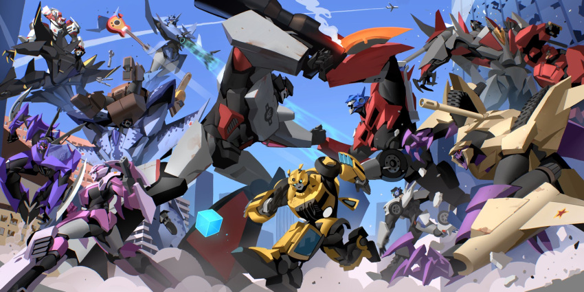 5girls arcee arm_blade arm_cannon assault_visor autobot battle blitzwing blue_eyes bumblebee_(transformers) chainsaw clenched_hand confused decepticon dust energon_cube fighting guitar gun hand_on_another's_head highres instrument ironhide jazz_(transformers) kamitoge_supino looking_up mecha megatron multiple_girls no_humans open_mouth optimus_prime punching ratchet_(transformers) red_eyes redesign robot running science_fiction shadow_striker_(transformers) sky skywarp smoke smoking_gun soundwave_(transformers) star_(symbol) starscream suplex thundercracker transformers weapon wheeljack wrench