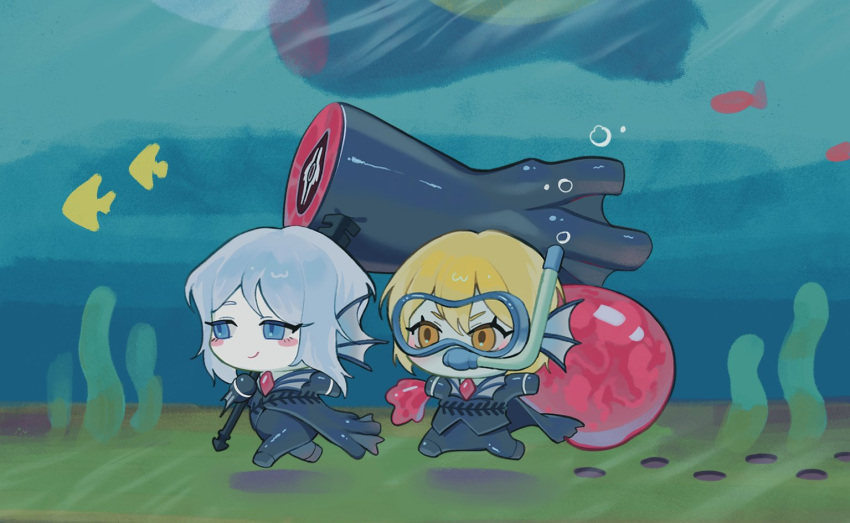 2girls air_bubble blonde_hair blue_coat blue_eyes blue_gloves blue_pants blush_stickers bubble chibi closed_mouth coat commentary e.g.o_(project_moon) faust_(limbus_company) fins fish gloves goggles hammer head_fins headless_ichthys holding holding_hammer limbus_company long_sleeves multiple_girls pants project_moon seaweed sidelocks smile snorkel symbol-only_commentary szztzzs underwater white_hair yellow_eyes