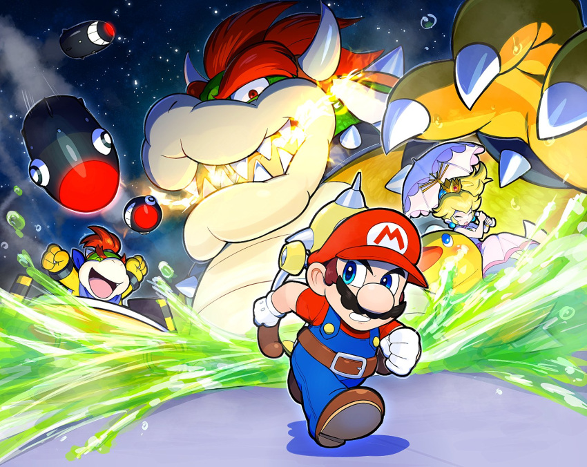 1girl 3boys ^_^ arms_up blue_eyes bowser bowser_jr. brown_footwear brown_hair bullet_bill claws clenched_hands closed_eyes dress f.l.u.d.d. facial_hair fang fire gloves hat highres holding holding_umbrella hoshi_(star-name2000) mario multiple_boys mustache open_mouth parasol pink_dress princess_peach red_headwear rubber_duck sharp_teeth spikes super_mario_bros. super_mario_sunshine teeth umbrella water white_gloves