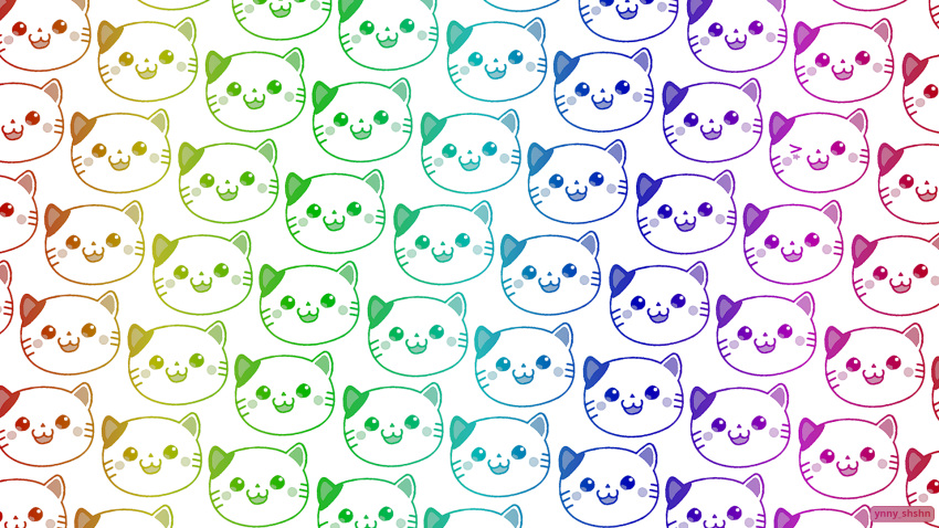 :3 animal_focus artist_name blush cat chibi highres looking_at_viewer no_humans open_mouth original rainbow_gradient self-upload simple_background whiskers white_background ynny_shshn