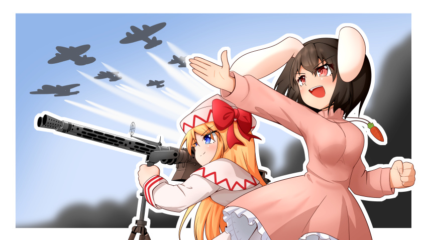 2girls absurdres aircraft airplane animal_ears blonde_hair blush bow breasts brown_hair capelet carrot_necklace clenched_hand closed_mouth commentary_request contrail cowboy_shot dress fingernails floppy_ears frilled_dress frills gun hair_between_eyes hat hat_bow highres holding holding_gun holding_weapon inaba_tewi jewelry ju87r_(tvp1178) lily_white long_hair long_sleeves looking_afar machine_gun medium_bangs medium_breasts mg_81 multiple_girls necklace open_mouth outline pink_dress pink_eyes rabbit_ears rabbit_girl red_bow salute scope short_hair smile smoke touhou weapon white_capelet white_dress white_headwear white_outline