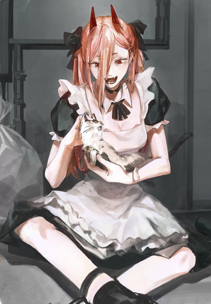 1girl alternate_costume apron black_bow bow brown_hair cat chainsaw_man detached_collar enmaided fangs hair_between_eyes hair_bow highres horns long_hair looking_at_another looking_down maid maid_apron meowy_(chainsaw_man) open_mouth power_(chainsaw_man) red_eyes red_horns smile twintails white_apron white_cat yode