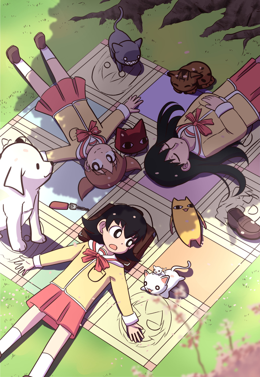 &lt;o&gt;_&lt;o&gt; 3girls absurdres azumanga_daioh black_cat black_eyes black_hair blurry blurry_foreground bright_pupils brown_cat brown_footwear brown_hair cat character_request cherry_blossoms closed_eyes closed_mouth commentary commission cowboy_shot crossover day delatoid dog dot_nose falling_petals feet_out_of_frame from_above full_body grass highres kasuga_ayumu key loafers long_hair long_sleeves lying mihama_chiyo mihama_chiyo's_father miniskirt multiple_girls nichijou on_back open_mouth outdoors parted_lips petals pink_skirt sailor_collar sakaki_(azumanga_daioh) school_uniform serafuku shade shadow shirt shoes shoes_removed short_twintails skirt sleeping smile socks split_mouth takino_tomo tokisadame_school_uniform twintails white_cat white_dog white_pupils white_sailor_collar white_socks yellow_shirt