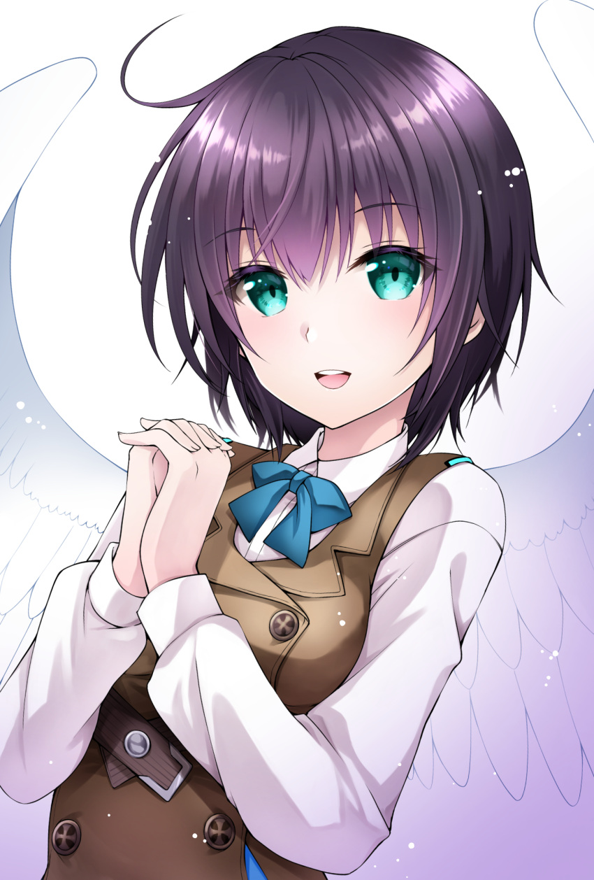 1girl :d angel angel_wings aoi_erika aqua_eyes black_hair blue_ribbon brown_vest chibinon commentary_request eyelashes eyes_visible_through_hair feathered_wings hair_between_eyes hands_up heaven_burns_red highres interlocked_fingers light_blush long_sleeves looking_at_viewer open_mouth own_hands_together ribbon round_teeth school_uniform shirt short_hair simple_background smile solo straight-on teeth upper_body upper_teeth_only vest white_background white_shirt white_wings wings