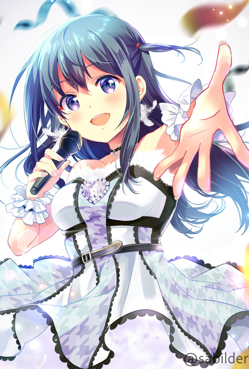 1girl :d bare_shoulders black_choker black_hair blush breasts brooch choker collarbone cowboy_shot dress fur-trimmed_dress fur_trim hair_between_eyes heart heart_brooch highres holding holding_microphone idoly_pride jewelry long_hair looking_at_viewer medium_breasts microphone nagase_mana one_side_up open_hand open_mouth outstretched_arm pendant_choker pleated_dress raised_eyebrows reaching reaching_towards_viewer sabi_(sabilder) simple_background smile solo straight_hair strapless strapless_dress teeth upper_teeth_only violet_eyes watermark white_background white_dress white_wrist_cuffs