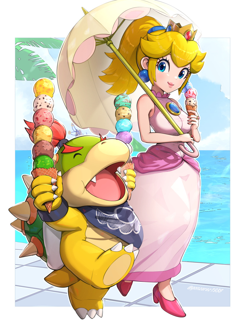 1boy 1girl absurdres bandana bare_shoulders black_bandana blonde_hair blue_eyes bowser_jr. brooch closed_mouth crown earrings food gonzarez high_heels highres holding holding_food holding_ice_cream holding_umbrella ice_cream ice_cream_cone jewelry looking_at_another official_alternate_costume official_alternate_hairstyle open_mouth parasol pink_footwear pink_lips ponytail princess_peach redhead smile super_mario_bros. umbrella walking