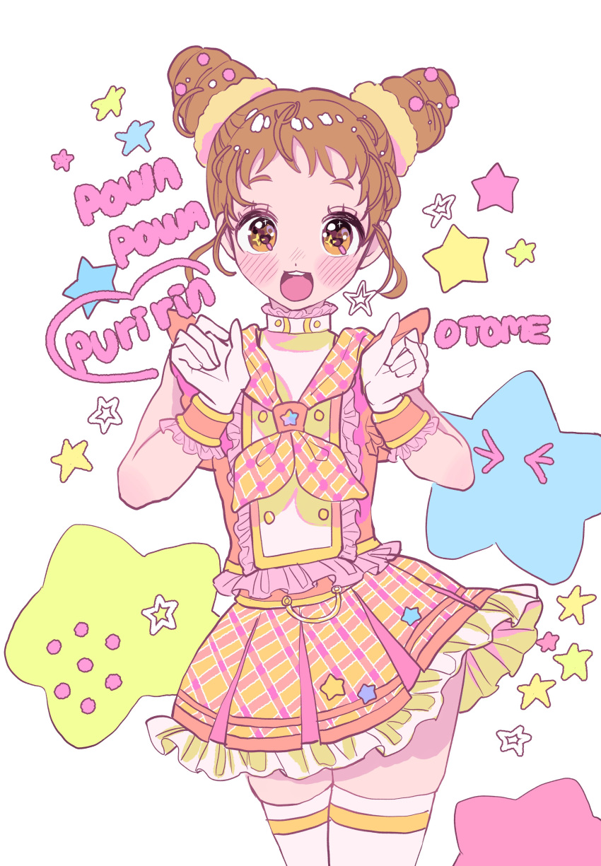 :d absurdres aikatsu! aikatsu!_(series) arisugawa_otome bad_id bow brown_hair checkered_bow checkered_clothes checkered_skirt choker double_bun frilled_choker frilled_skirt frilled_sleeves frills gloves hair_bun highres ichigomilk_us idol orange_eyes ow short_sleeves simple_background skirt smile source standing star_(symbol) thigh-highs white_background white_gloves white_thighhighs wrist_cuffs zettai_ryouiki