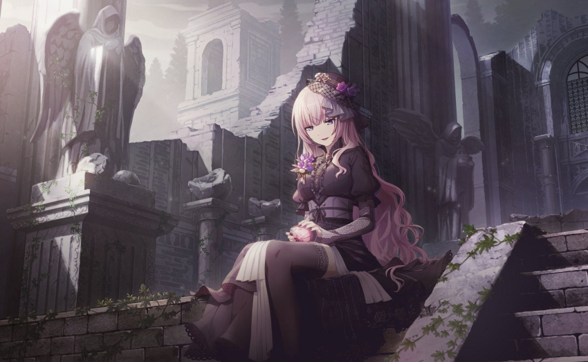 1girl abandoned angel angel_statue angel_wings arch black_dress black_headwear black_lips black_nails black_ribbon black_thighhighs blue_eyes blunt_bangs boutonniere breasts brick_wall center_frills church cloak clouds cloudy_sky colorful_festival_(project_sekai) colorful_palette column dot_nose dress evening eyelashes feet_out_of_frame fingernails floral_print flower foliage forest frilled_sleeves frills front_slit golden_rose gothic grey_sky grey_sleeves hair_over_shoulder hair_strand half-closed_eyes hands_on_lap hat hat_flower hat_ribbon high_collar highres holding honeycomb_(pattern) lace-trimmed_dress lace-trimmed_legwear lace-trimmed_thighhighs lace_trim large_breasts layered_dress layered_sleeves legs_together light_particles light_rays light_smile long_dress long_eyelashes long_hair long_sleeves looking_down megurine_luka muted_color nature official_alternate_costume official_alternate_hairstyle official_art on_floor outdoors overgrown parted_lips pillar pink_hair pink_theme pleated_dress project_sekai puffy_short_sleeves puffy_sleeves purple_flower purple_theme ribbon rose rose_print ruins short_over_long_sleeves short_sleeves sidelighting silhouette sitting sky solo spot_color stained_glass stairs statue stone_stairs sunlight tassel thigh-highs third-party_source tower tree tsurime underbust veil very_long_hair victorian vocaloid wall wavy_hair wide_shot wide_sleeves wings zettai_ryouiki