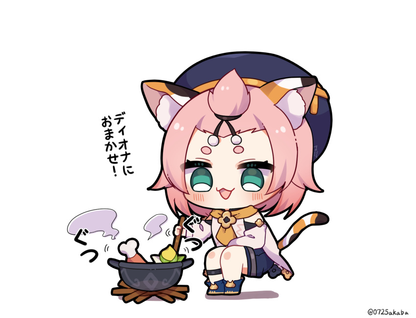 0725akaba 1girl :d animal_ears bangs_pinned_back beret black_headwear black_shorts blue_footwear blush campfire cat_ears cat_girl cat_tail chibi commentary_request cooking_pot diona_(genshin_impact) food genshin_impact green_eyes hat highres holding long_sleeves pink_hair puffy_long_sleeves puffy_sleeves shadow shirt shoes short_eyebrows shorts simple_background smile solo squatting tail thick_eyebrows translation_request twitter_username white_background white_shirt