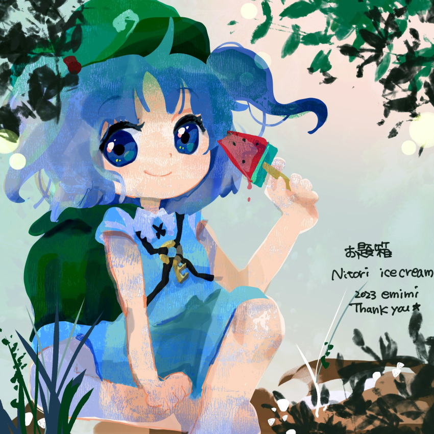 1girl backpack bag blue_eyes blue_hair chibi closed_mouth commentary_request emimi_(emimi_28) food frilled_shirt_collar frills hair_bobbles hair_ornament hat highres holding holding_food holding_popsicle kawashiro_nitori key leaf leg_up light_blush looking_at_viewer medium_hair mixed-language_commentary outdoors popsicle smile solo touhou two_side_up