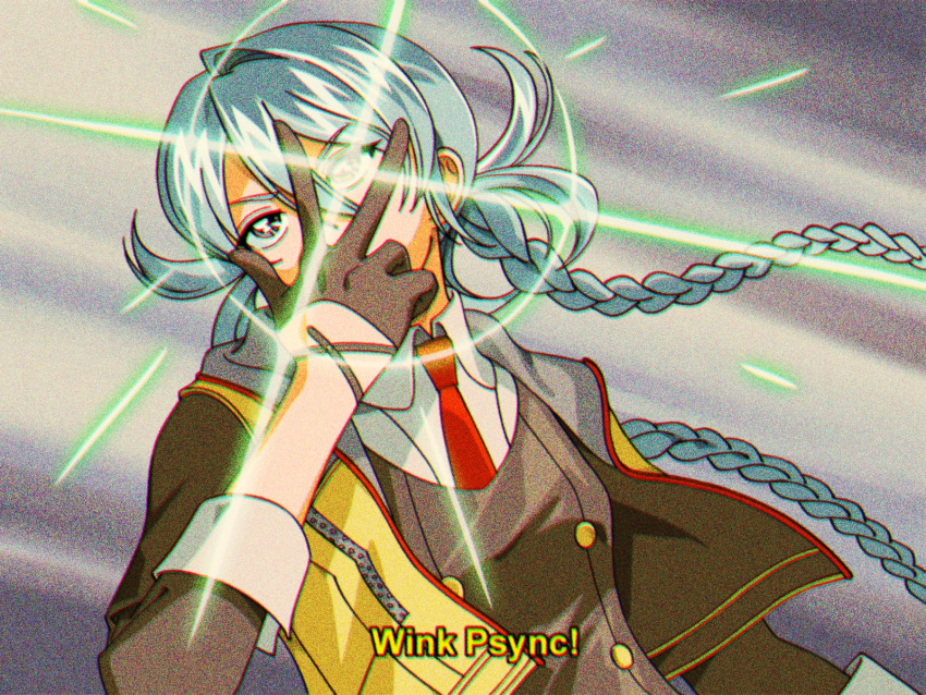 1girl ai_the_somnium_files ai_the_somnium_files:_nirvana_initiative black_gloves blue_hair braid buttons collared_shirt commentary covered_mouth gloves hair_between_eyes hand_up highres jacket long_hair long_sleeves necktie okiura_mizuki open_clothes open_jacket red_necktie retro_artstyle shirt sleeves_past_elbows soda183461 solo twin_braids upper_body very_long_hair