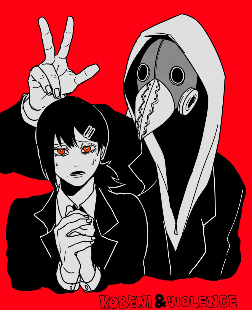 1boy 1girl beak black_hair black_jacket black_necktie chainsaw_man character_name collared_shirt drgryu750 facing_viewer greyscale_with_colored_background hair_ornament hairclip highres hood jacket mole mole_on_cheek monochrome multiple_moles necktie open_mouth own_hands_together plague_doctor_mask red_eyes shirt short_hair short_ponytail side_ponytail single_sidelock spot_color suit suit_jacket v violence_fiend_(chainsaw_man)