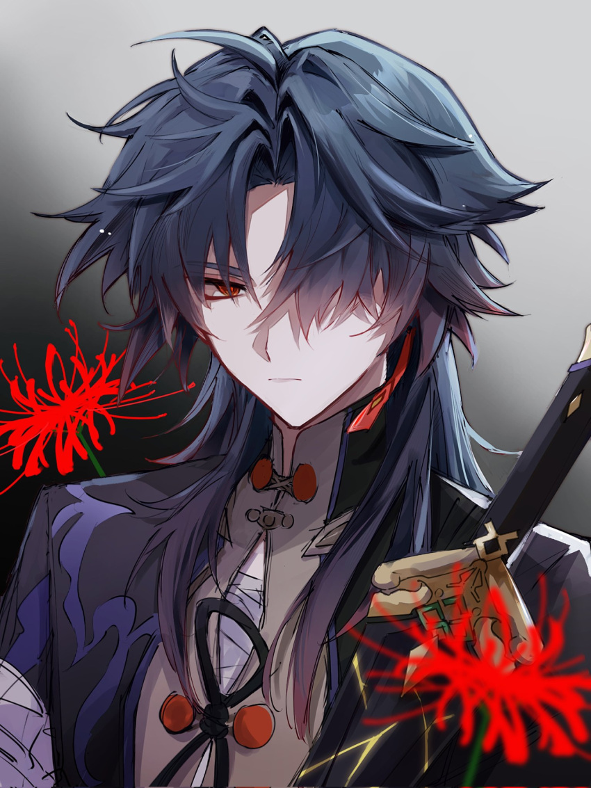 1boy black_background black_hair blade_(honkai:_star_rail) chinese_clothes closed_mouth earrings ego_(ego_inp) expressionless flower grey_background hair_over_one_eye highres honkai:_star_rail honkai_(series) jewelry male_focus multicolored_background multicolored_hair one_eye_covered red_eyes red_flower redhead solo spider_lily tassel tassel_earrings white_background