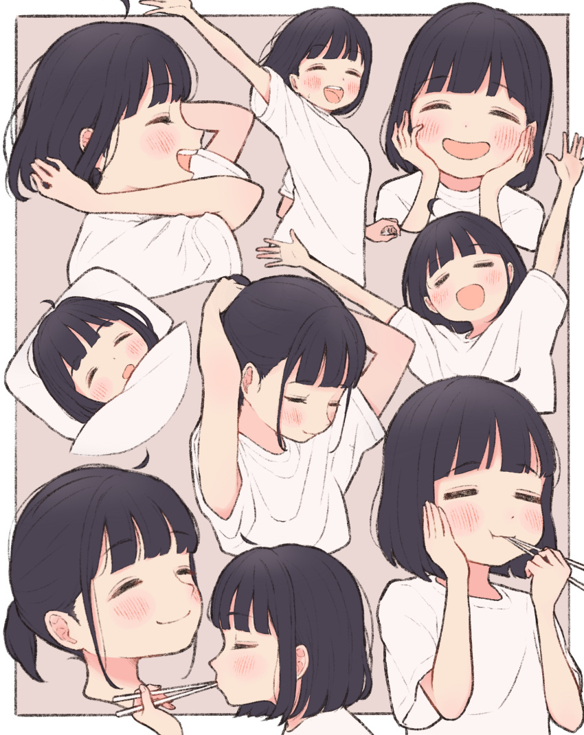1girl 1ssakawaguchi absurdres ahoge arms_up bed black_hair blush bob_cut chopsticks closed_eyes closed_mouth eating hands_on_own_cheeks hands_on_own_face hands_up highres multiple_views open_mouth original ponytail shirt short_hair short_ponytail sleeping smile t-shirt tying_hair under_covers white_shirt