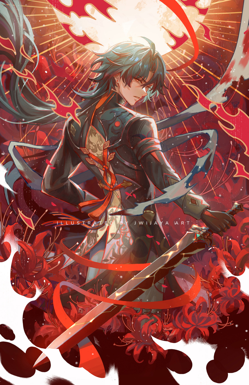1boy artist_name black_gloves blade_(honkai:_star_rail) chinese_clothes english_commentary english_text flower full_moon gloves highres honkai:_star_rail honkai_(series) jwijaya_art long_hair long_sleeves male_focus moon parted_bangs red_eyes red_flower red_theme solo sword upper_body weapon