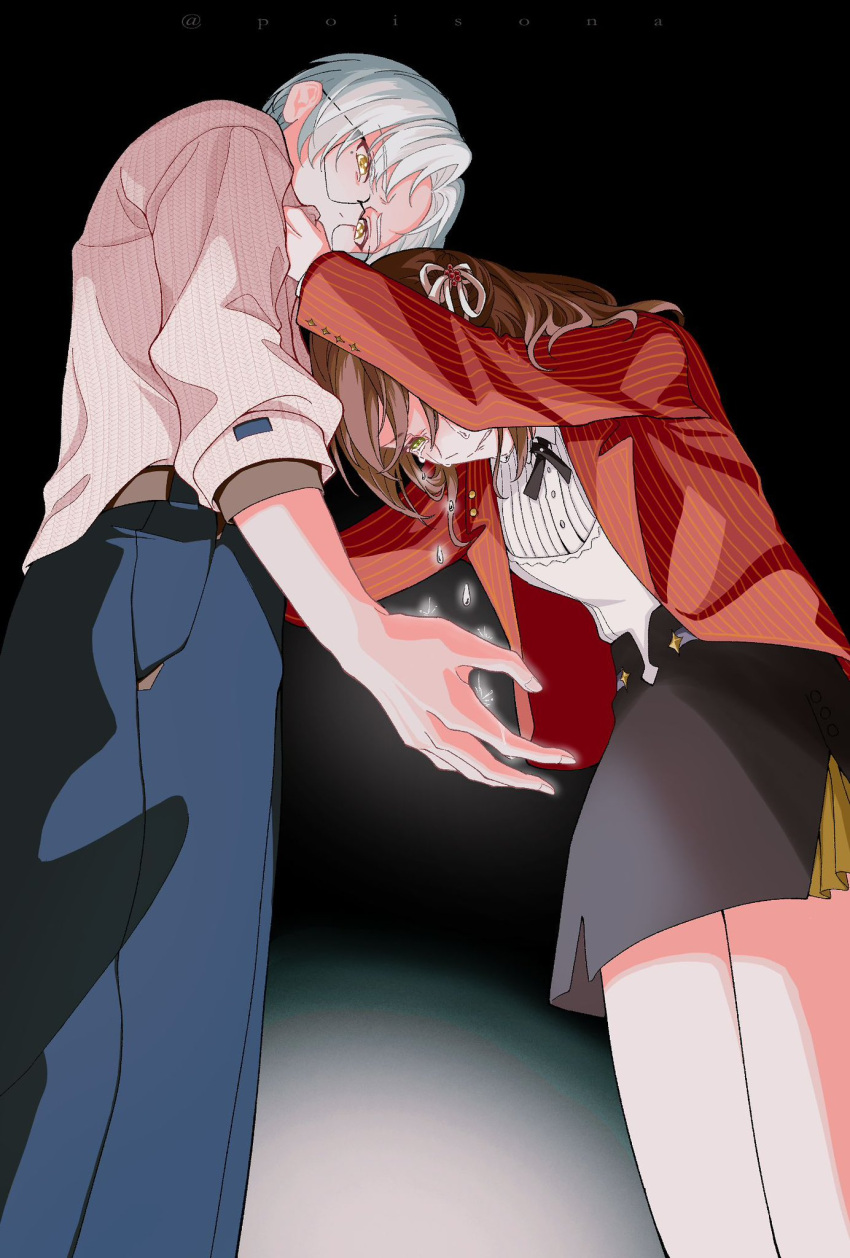1boy 1girl belt black_background black_skirt blue_pants bow brown_hair collared_shirt crying crying_with_eyes_open english_commentary from_below glasses green_eyes hair_bow highres jacket long_hair long_sleeves mole mole_under_eye pants poisona_(nimomimasaki) red_jacket rosa_(tears_of_themis) shirt short_hair skirt sleeves_rolled_up striped tears tears_of_themis vertical_stripes vyn_richter_(tears_of_themis) white_bow white_hair white_shirt yellow_eyes