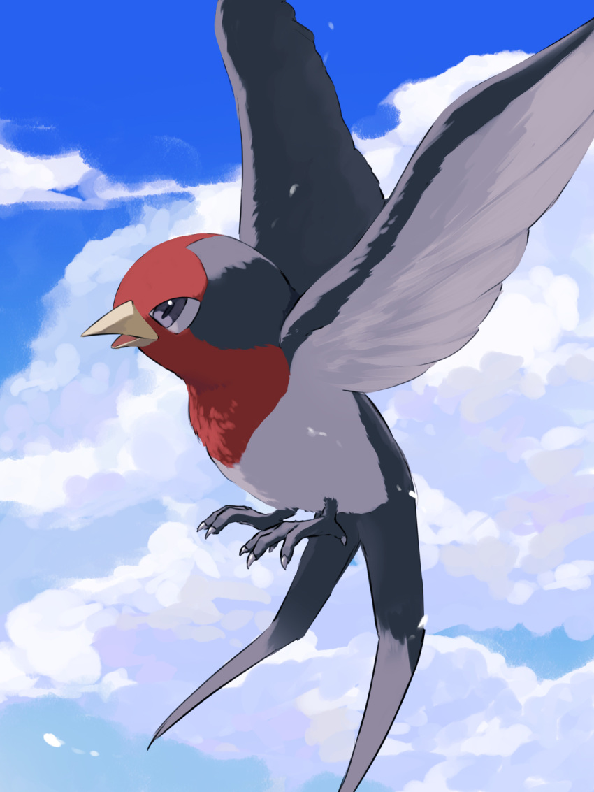 animal_focus bird black_eyes blue_sky claws clouds commentary_request day flying from_side full_body highres katamuki looking_up no_humans open_mouth outdoors partial_commentary pokemon pokemon_(creature) sky solo spread_wings taillow