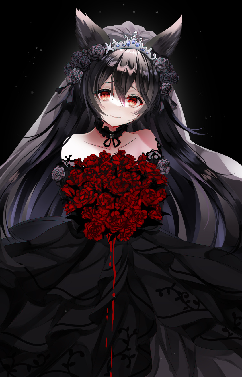 1girl absurdres animal_ears bare_shoulders black_background black_dress black_flower black_hair black_rose blood bouquet bridal_veil closed_mouth collarbone commentary_request dress erune flower granblue_fantasy hair_between_eyes highres holding holding_bouquet jewelry long_hair looking_at_viewer nier_(granblue_fantasy) official_alternate_costume red_flower red_rose rose sana27022934 smile solo strapless strapless_dress tiara veil wedding_dress