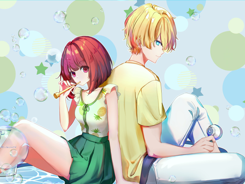 1boy 1girl absurdres arima_kana arm_support back-to-back blonde_hair blue_background blue_eyes bob_cut breasts bubble bubble_blowing closed_mouth collarbone commentary frilled_skirt frills green_shirt green_skirt highres hoshino_ruby inverted_bob lilac10 looking_at_viewer medium_hair no_pupils oshi_no_ko pants pineapple_print pleated_skirt red_eyes redhead shirt short_hair short_sleeves sitting skirt small_breasts star-shaped_pupils star_(symbol) symbol-shaped_pupils t-shirt twitter_username white_pants yellow_shirt