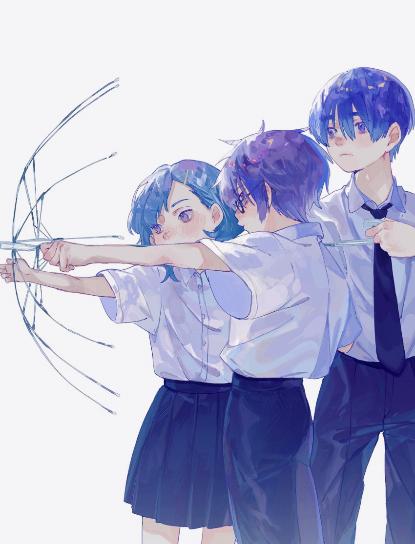 1girl 2boys aiming blue_eyes blue_hair blue_necktie blue_skirt bow_(weapon) broken_umbrella bullying collared_shirt commentary_request cowboy_shot drawing_bow dress_shirt from_side glasses gr_7 hair_ornament hairclip highres holding holding_bow_(weapon) holding_umbrella holding_weapon looking_to_the_side multiple_boys necktie original outstretched_arm pleated_skirt purple_hair school_uniform shirt shirt_tucked_in short_sleeves simple_background skirt standing swept_bangs umbrella violet_eyes weapon white_background white_shirt