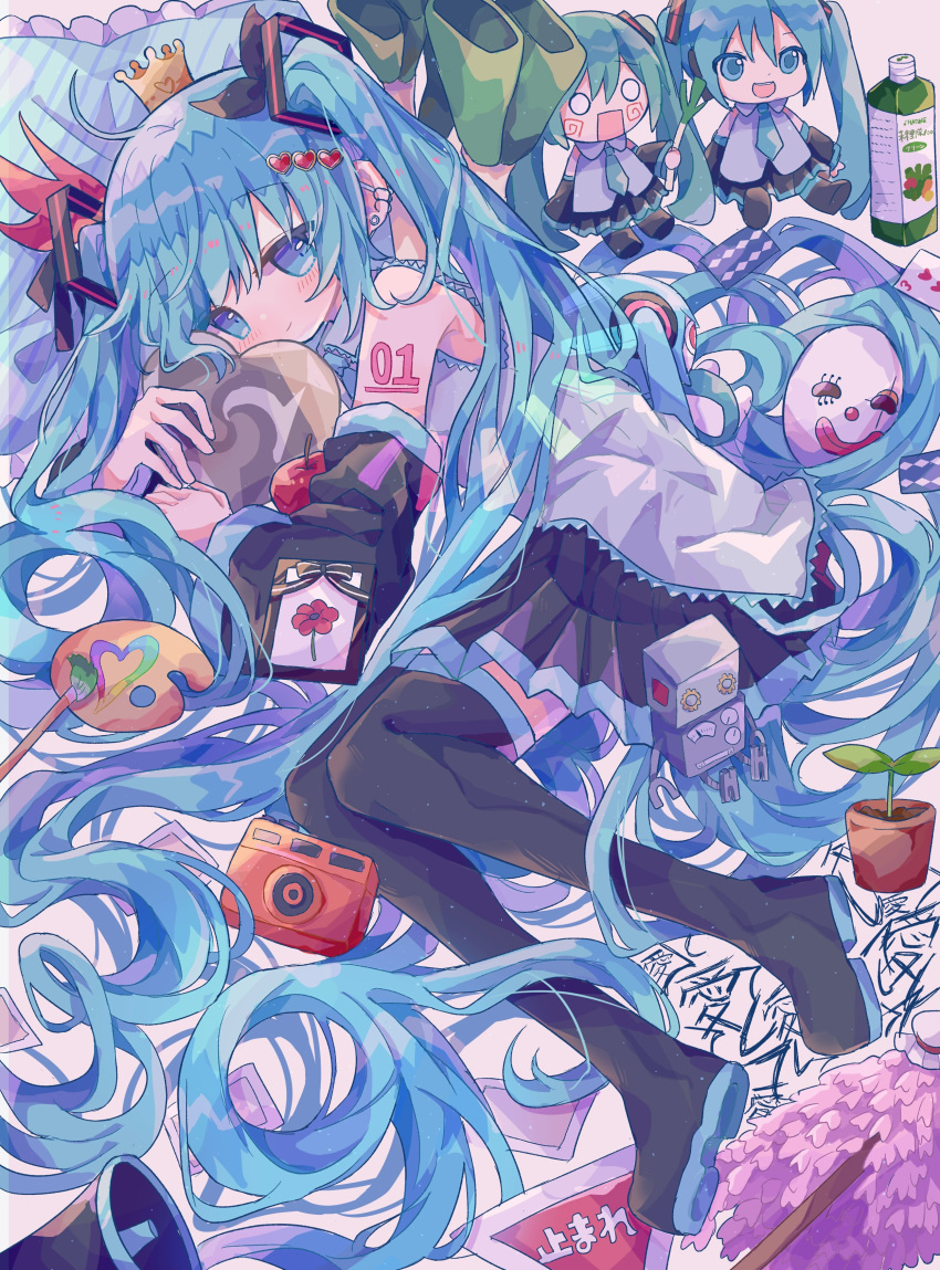 1girl 39_(vocaloid) absurdly_long_hair absurdres aimaina aishite_aishite_aishite_(vocaloid) apple black_footwear black_skirt black_sleeves blue_eyes blue_hair blue_necktie boots camera character_doll crown detached_sleeves food fruit futaba969649 hachune_miku hatsune_miku heart hello_planet_(vocaloid) highres ievan_polkka_(vocaloid) kagerou_days_(vocaloid) karakuri_pierrot_(vocaloid) koi_wa_sensou_(vocaloid) long_hair melt_(vocaloid) mikudayoo mini_crown miracle_paint_(vocaloid) necktie odds_&amp;_ends_(vocaloid) paintbrush palette_(object) pleated_skirt poppippoo_(vocaloid) robot romeo_to_cinderella_(vocaloid) saihate_(vocaloid) senbon-zakura_(vocaloid) shirt skirt sleeveless sleeveless_shirt solo song_request songover spring_onion thigh_boots twintails unknown_mother_goose_(vocaloid) vampire_(vocaloid) vegetable_juice very_long_hair vocaloid world_is_mine_(vocaloid)