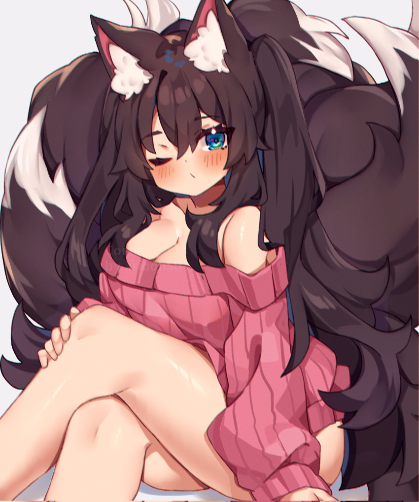 1girl animal_ears aridonall blue_eyes blush breasts brown_hair cleavage commission female fox_ears fox_girl fox_tail kitsune long_hair medium_breasts multiple_tails no_pants off_shoulder oversized_clothes plushmallow solo solo_focus sweater twintails very_long_hair wavy_hair wink