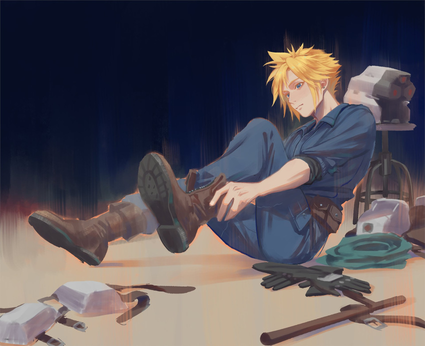 1boy black_undershirt blonde_hair blue_eyes blue_jacket blue_pants boots brown_footwear closed_mouth cloud_strife collared_jacket commentary crisis_core_final_fantasy_vii dressing earrings english_commentary final_fantasy final_fantasy_vii full_body gloves gloves_removed headwear_removed helmet helmet_removed highres ho_fan jacket jewelry male_focus pants scarf scarf_removed shinra_infantry_uniform short_hair sitting solo spiky_hair stud_earrings