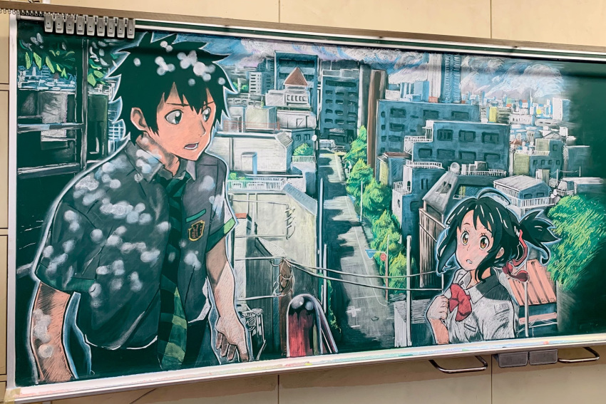 1boy 1girl ahoge black_eyes black_hair bow bowtie brown_eyes building chalk_(medium) cityscape clenched_teeth clouds clutching_chest collared_shirt commentary_request dappled_sunlight day diagonal-striped_necktie dress_shirt floating_hair green_necktie hair_ribbon highres kimi_no_na_wa. looking_at_another lower_teeth_only miyamizu_mitsuha nature necktie open_mouth outdoors outline ponytail railing real_world_location red_bow red_bowtie red_ribbon ribbon road road_sign school_uniform shirt short_hair short_sleeves sign sky street sunlight tachibana_aki teeth tokyo_(city) tori_(fx36knkdo8tqays) traditional_media tree white_outline white_shirt