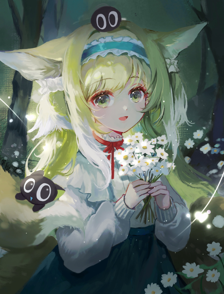 1girl animal_ear_fluff animal_ears arknights black_cat blonde_hair blue_hairband blue_skirt cardigan cat chinese_commentary commentary_request creature_on_head crossover flower fox_ears fox_girl fox_tail frilled_hairband frills green_eyes hair_ornament hair_scrunchie hairband heixiu high-waist_skirt highres holding holding_flower kitsune kyuubi long_hair long_sleeves looking_at_viewer luo_xiaohei luo_xiaohei_zhanji multicolored_hair multiple_tails neck_ribbon official_alternate_costume on_head parted_lips puffy_long_sleeves puffy_sleeves red_ribbon ribbon scrunchie shirt skirt solo suzuran_(arknights) suzuran_(spring_praise)_(arknights) tail tingqu two-tone_hair upper_body white_cardigan white_hair white_shirt
