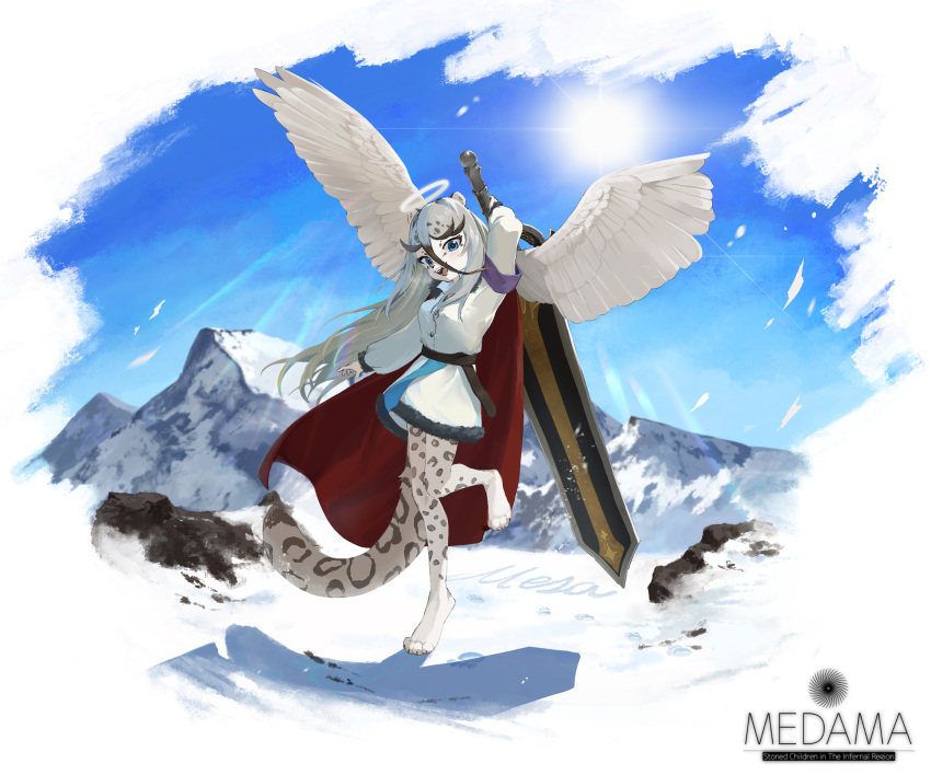 1girl :3 angel animal_ear_fluff animal_ears animal_feet arm_up armband backlighting barefoot belt black_hair blue_eyes blue_sky blush body_fur border breasts buttons cape character_name claws commentary_request day dress english_text fangs feathered_wings feet footprints full_body fur-trimmed_dress fur_collar fur_trim furry furry_female grey_fur grey_hair hair_between_eyes halo happy highres holding holding_sword holding_weapon huge_weapon katamuki knees_together_feet_apart leg_up legs leopard_ears leopard_girl leopard_tail light_blush long_hair long_sleeves looking_at_viewer mountain multicolored_hair open_mouth original outdoors partial_commentary paw_print red_cape sharp_teeth short_dress sidelocks sky small_breasts smile snow snow_writing solo spotted_fur spread_wings standing standing_on_one_leg sun sunlight sword tail teeth thighs two-tone_fur two-tone_hair watermark weapon white_border white_dress white_fur white_wings wings winter_clothes