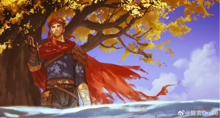 1boy absurdres artist_request autumn_leaves beard clouds cloudy_sky commission facial_hair feet_out_of_frame floating_cape hand_up headband highres indie_virtual_youtuber male_focus mature_male multicolored_hair muscular muscular_male perspective red_headband redhead ryuugen_drake scar scar_across_eye second-party_source short_hair sky solo streaked_hair white_hair