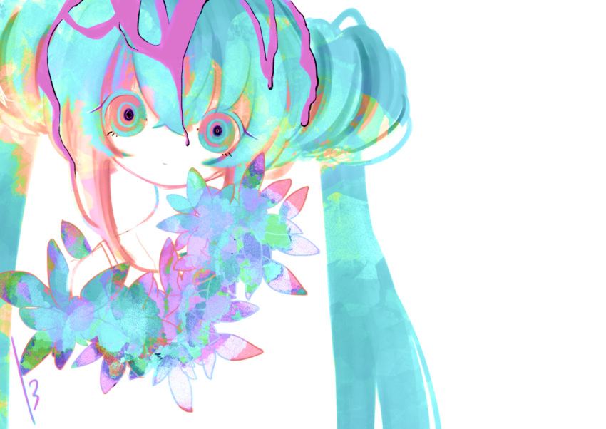 13_31n 1girl alternate_costume alternate_hairstyle aqua_eyes aqua_hair closed_mouth colorful cropped_shoulders dripping empty_eyes flower hatsune_miku head_tilt liquid long_hair multicolored_eyes negative_space pink_eyes ringed_eyes sidelocks signature simple_background solo spaghetti_strap straight-on twintails vocaloid white_background wide-eyed