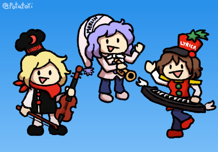 3girls :d artist_name band_uniform black_eyes black_footwear blonde_hair blue_hair bow_(music) brown_hair buttons character_name chef_hat chibi commission cosplay crackle_(rice_krispies) crackle_(rice_krispies)_(cosplay) crescent crossover full_body hat highres holding holding_instrument instrument kellogg's keyboard_(instrument) light_blue_background light_blue_hair lunasa_prismriver lyrica_prismriver merlin_prismriver multiple_girls necktie nightcap no_eyebrows no_nose open_mouth parody pink_footwear pop_(rice_krispies) pop_(rice_krispies)_(cosplay) potatoyi red_footwear red_necktie rice_krispies scarf shoes shooting_star short_hair simple_background smile snap_(rice_krispies) snap_(rice_krispies)_(cosplay) star_(symbol) touhou trumpet twitter_username uniform violin wide_sleeves wings