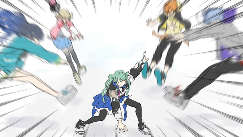 2boys 3girls aoyagi_touya aqua_hair aqua_jacket arm_up azusawa_kohane black_footwear black_jacket black_leggings black_pants black_thighhighs blue_hair blue_jacket blue_skirt casual clothes_writing colored_shoe_soles comedy commentary cross-laced_footwear dark_blue_hair drawstring emphasis_lines faceless faceless_female facing_another facing_to_the_side floating_hair full_body gradient_hair grey_footwear grey_jacket hat hat_removed hatsune_miku headwear_removed hood hood_down hooded_jacket jacket leggings legs_apart letterman_jacket light_blue_hair light_brown_hair long_hair long_sleeves low_twintails midair mikeimikei motion_blur multicolored_clothes multicolored_hair multicolored_jacket multiple_boys multiple_girls open_clothes open_jacket orange_hair outstretched_arms pants pink_jacket pleated_skirt pose_request project_sekai shinonome_akito shiraishi_an shirt shoe_soles shoes short_hair shorts simple_background skirt sneakers split-color_hair streetwear thigh-highs twintails two-sided_fabric two-sided_jacket two-tone_footwear two-tone_hair two-tone_jacket vivid_bad_squad_(project_sekai) vivid_bad_squad_miku vocaloid wavy_hair white_background white_footwear white_jacket white_shorts white_skirt yellow_jacket yellow_shirt