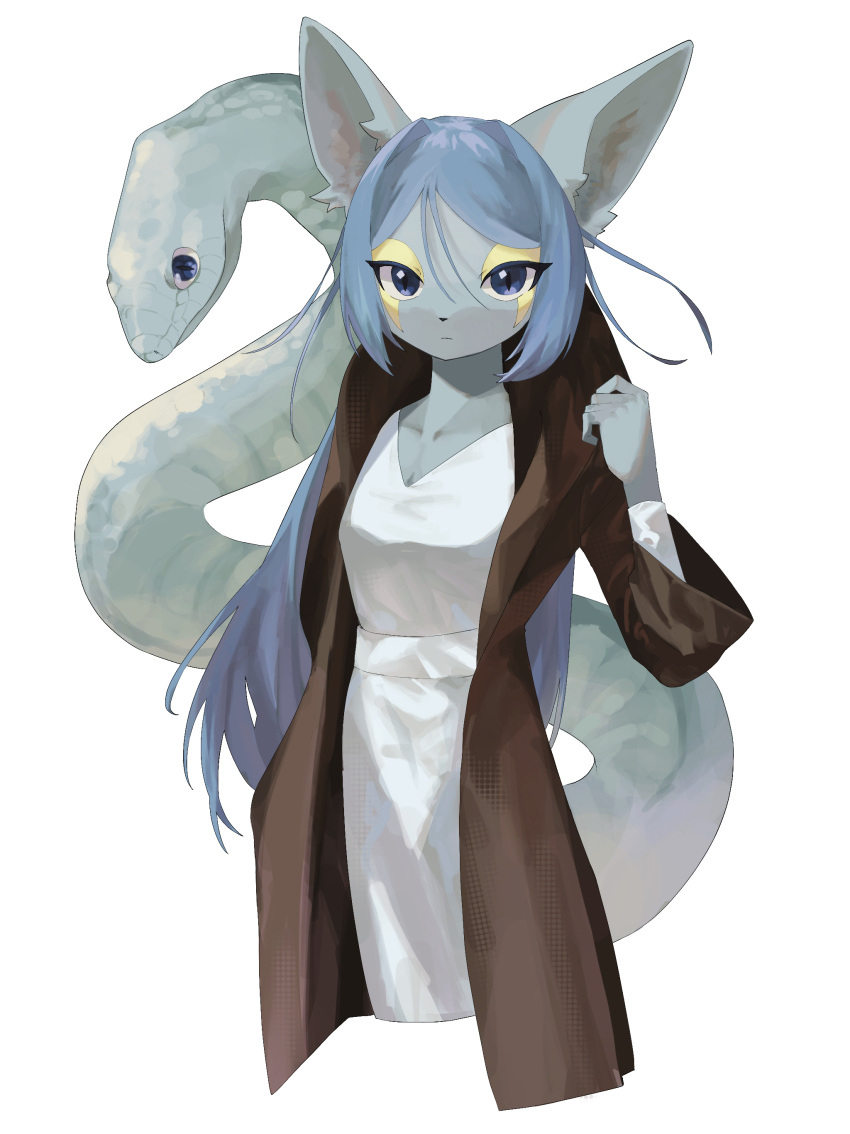 1girl absurdres animal animal_ears animal_nose blue_eyes blue_fur blue_hair body_fur breasts brown_coat coat collarbone commentary_request cowboy_shot dress facial_mark fox_ears fox_girl furry furry_female hair_between_eyes hand_up highres hood hood_down hooded_coat katamuki long_hair long_sleeves looking_at_viewer original parted_bangs partial_commentary sidelocks simple_background slit_pupils small_breasts snake solo standing white_background white_dress