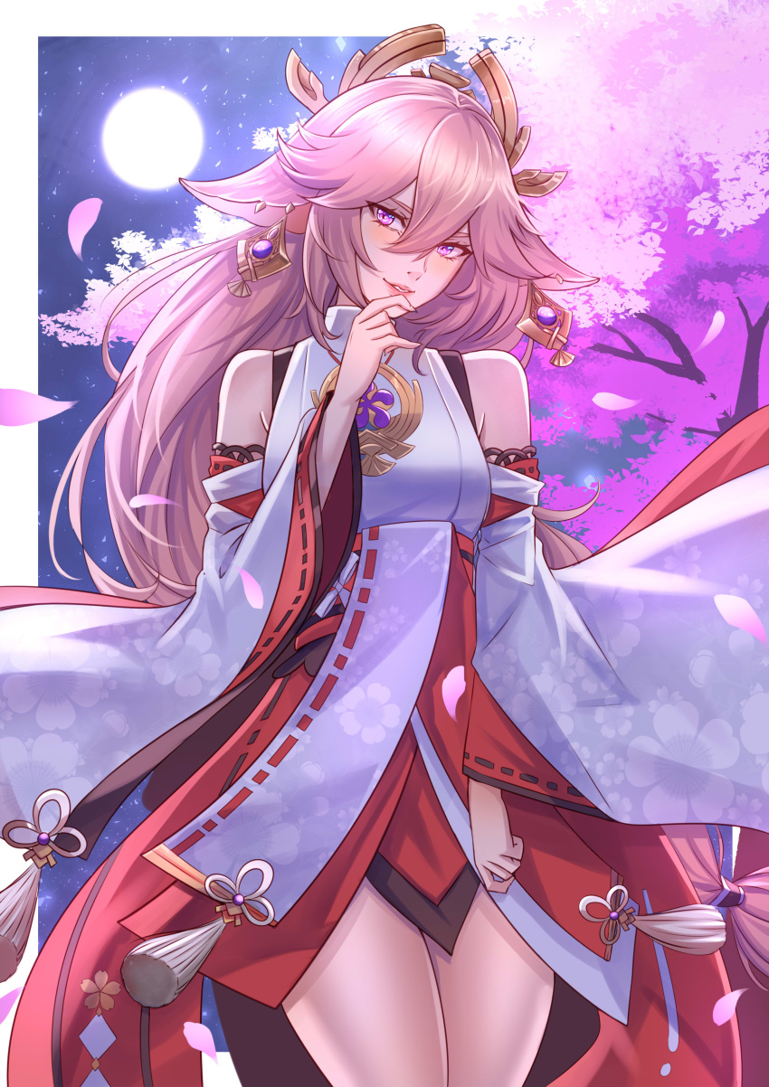 1girl absurdres animal_ears bare_legs bare_shoulders breasts cherry_blossoms detached_sleeves earrings falling_petals finger_to_mouth floppy_ears floral_print fox_ears full_moon genshin_impact hair_between_eyes hair_ornament highres japanese_clothes jewelry leofoxart lips long_hair long_sleeves looking_at_viewer looking_back moon naughty_face night night_sky nontraditional_miko petals pink_hair pink_lips sky solo standing tassel thighs violet_eyes yae_miko