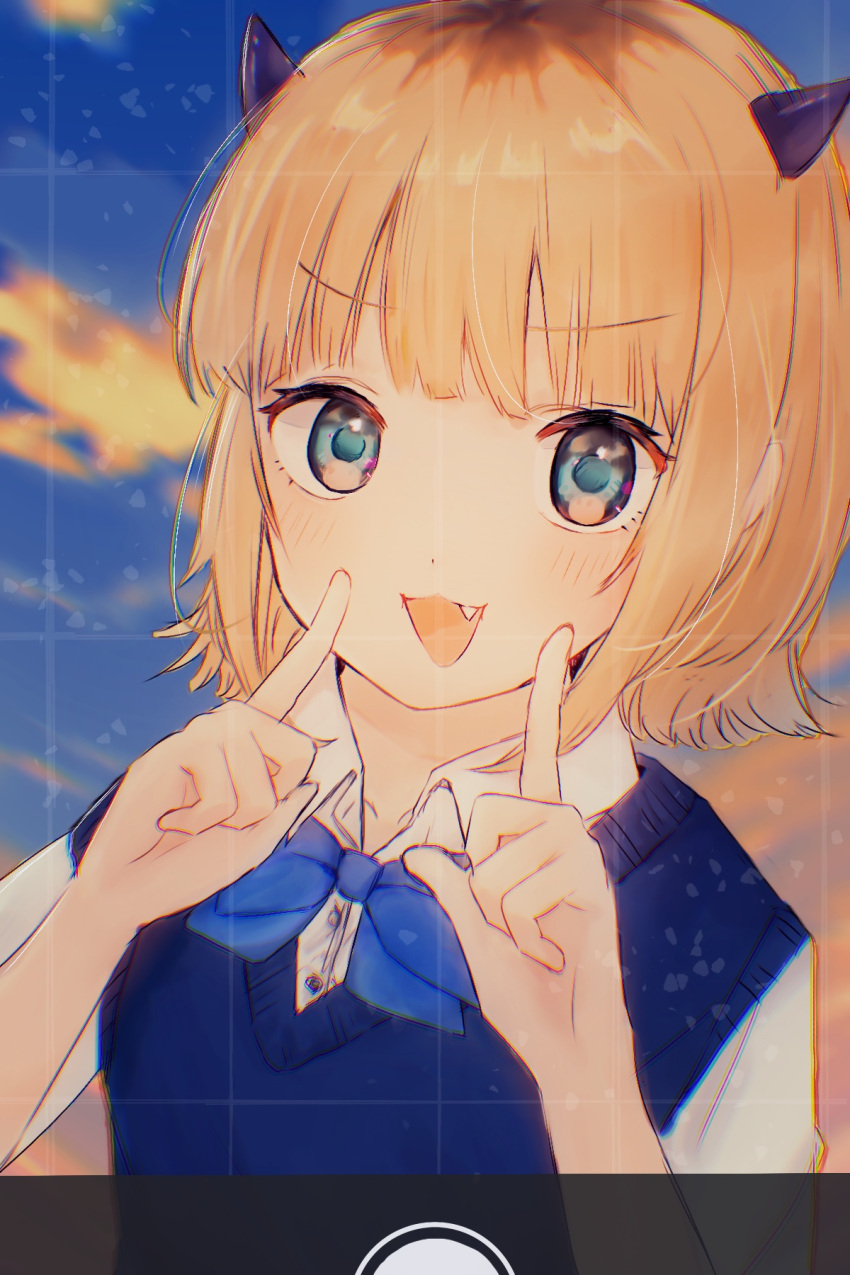 1girl black_sweater_vest blonde_hair blue_bow blue_bowtie blue_eyes blurry blurry_background blush bow bowtie chromatic_aberration collared_shirt commentary demon_horns dress_shirt fake_horns fake_screenshot fang highres horns index_fingers_raised looking_at_viewer memcho mira_(pixiv77315673) open_mouth oshi_no_ko school_uniform shirt short_hair sidelocks smile solo sweater_vest upper_body variant_set viewfinder white_shirt