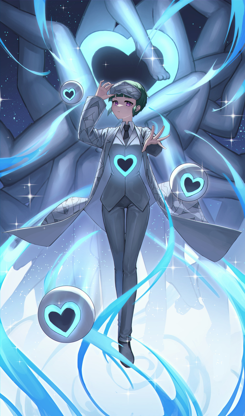1girl absurdres black_necktie blindfold blindfold_lift blue_star closed_mouth coat collared_shirt e.g.o_(project_moon) employee_(lobotomy_corporation) full_body green_hair grey_coat grey_pants grey_vest haro_(haro_339) heart heart_print highres lobotomy_corporation long_sleeves looking_at_viewer necktie pants project_moon shirt short_hair sidelocks sparkle vest violet_eyes white_shirt