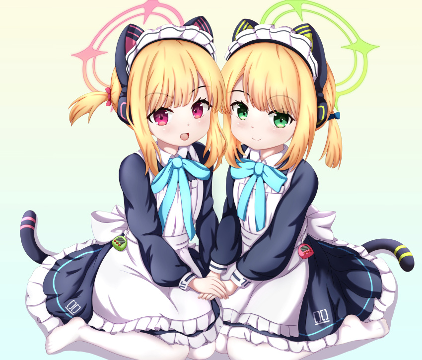 2girls :d absurdres alternate_costume animal_ear_headphones animal_ears aqua_bow aqua_bowtie blonde_hair blue_archive blunt_bangs bow bowtie cat_ear_headphones cat_tail commentary_request fake_animal_ears fake_tail green_eyes hair_bow hair_ribbon halo headphones highres holding_hands long_sleeves looking_at_viewer maid maid_headdress midori_(blue_archive) midori_(maid)_(blue_archive) momoi_(blue_archive) momoi_(maid)_(blue_archive) multiple_girls no_shoes official_alternate_costume official_alternate_hairstyle pantyhose parted_bangs ribbon short_hair siblings sidelocks simple_background sisters sitting smile tail tamagotchi twins uro30 violet_eyes wariza white_pantyhose